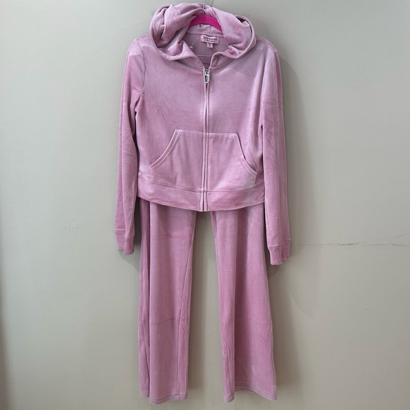 Juicy Couture Pants - Juicy Couture Pink Velour Tracksuit Set Bling Rhinestone Logo Crewneck Joggers L